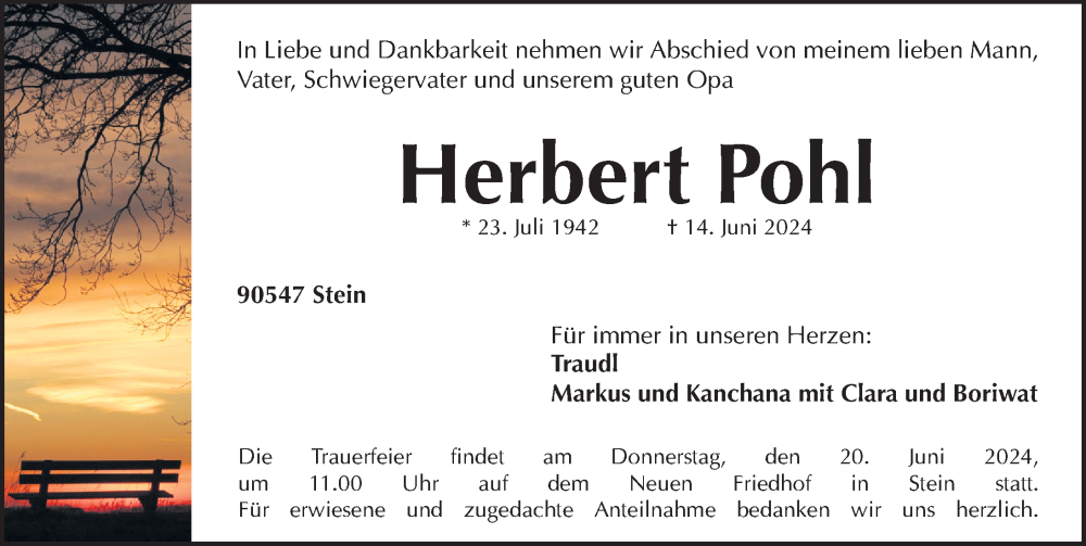  Traueranzeige für Herbert Pohl vom 19.06.2024 aus Fürther Nachrichten Lokal