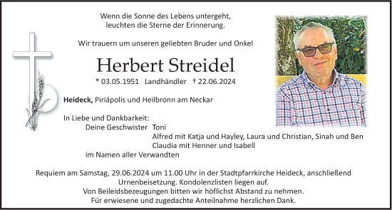 Traueranzeige von Herbert Streidel von Roth-Hilpoltsteiner Volkszeitung Lokal