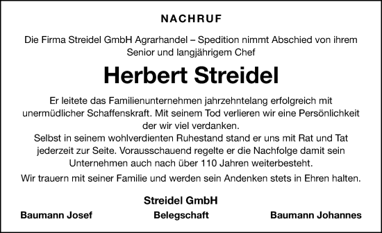 Traueranzeige von Herbert Streidel von Roth-Hilpoltsteiner Volkszeitung Lokal