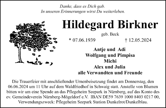Traueranzeige von Hildegard Birkner von Gesamtausgabe Nürnberger Nachrichten/ Nürnberger Ztg.