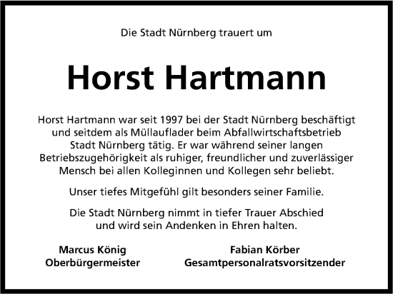 Traueranzeige von Horst Hartmann von Gesamtausgabe Nürnberger Nachrichten/ Nürnberger Ztg.
