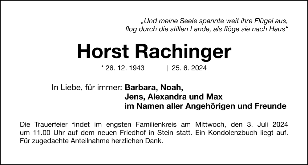  Traueranzeige für Horst Rachinger vom 29.06.2024 aus Gesamtausgabe Nürnberger Nachrichten/ Nürnberger Ztg.