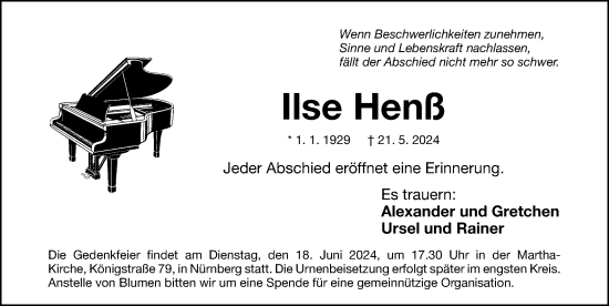 Traueranzeige von Ilse Henß von Gesamtausgabe Nürnberger Nachrichten/ Nürnberger Ztg.