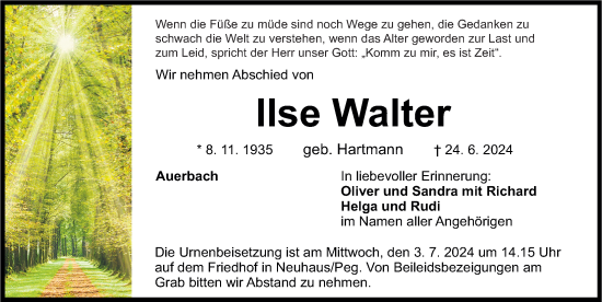 Traueranzeige von Ilse Walter von Nordbayerische Nachrichten Pegnitz Lokal