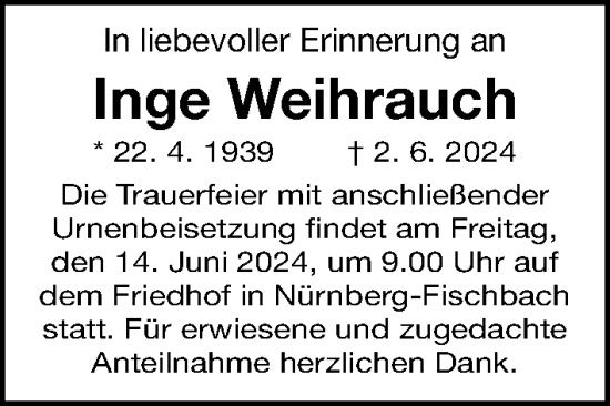 Traueranzeige von Inge Weihrauch von Gesamtausgabe Nürnberger Nachrichten/ Nürnberger Ztg.