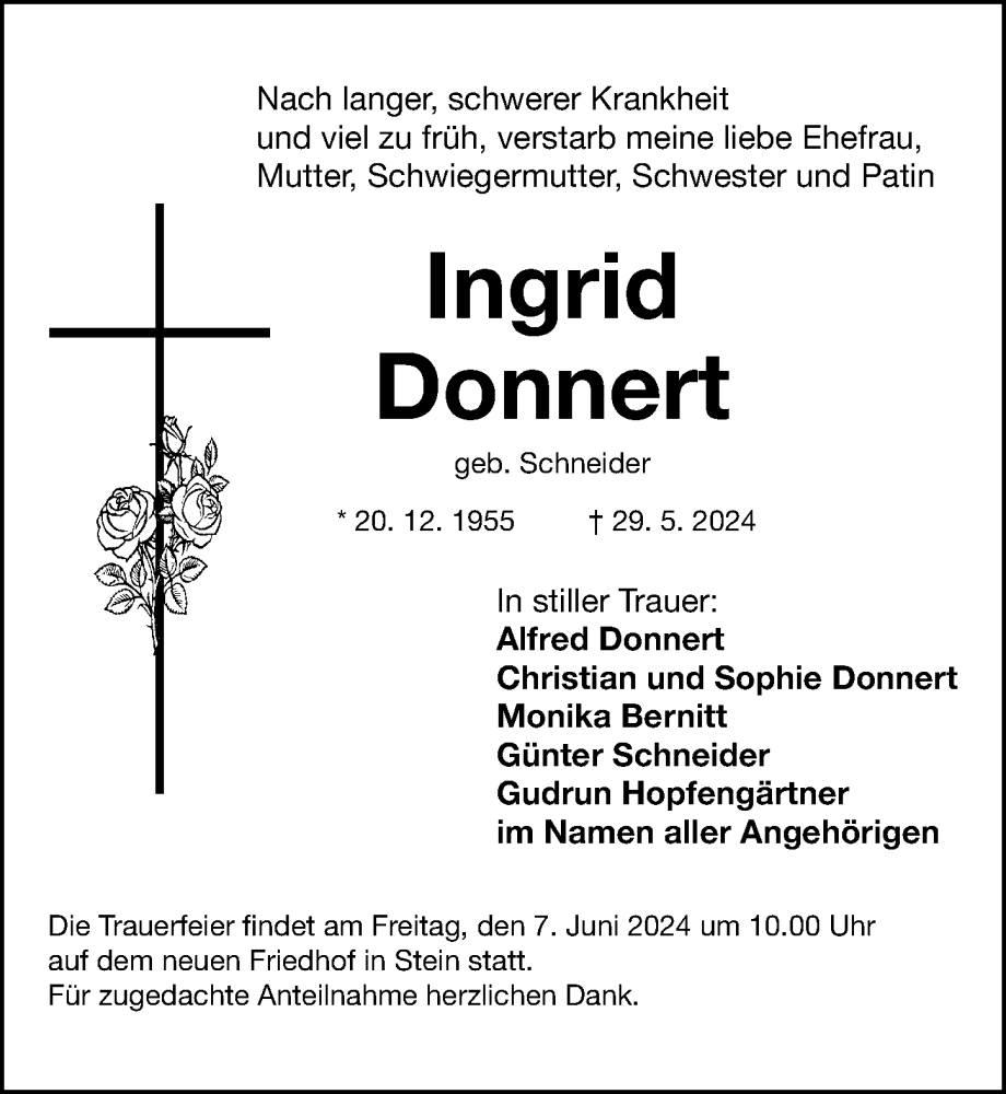  Traueranzeige für Ingrid Donnert vom 05.06.2024 aus Gesamtausgabe Nürnberger Nachrichten/ Nürnberger Ztg.