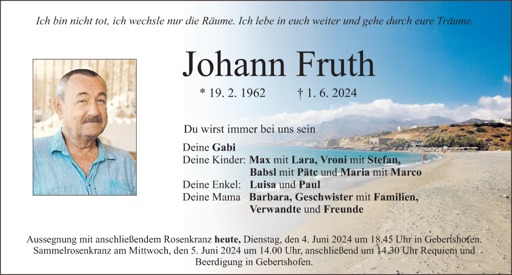  Traueranzeige für Johann Fruth vom 04.06.2024 aus Neumarkter Nachrichten Lokal