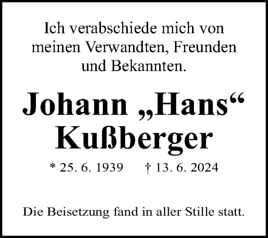 Traueranzeige von Johann Kußberger von Gesamtausgabe Nürnberger Nachrichten/ Nürnberger Ztg.
