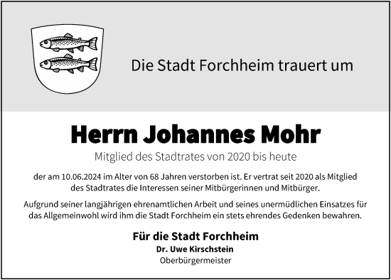 Traueranzeige von Johannes Mohr von Nordbayerische Nachrichten Forchheim Lokal