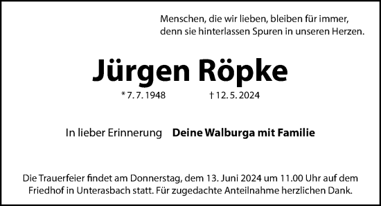 Traueranzeige von Jürgen Röpke von Fürther Nachrichten Lokal