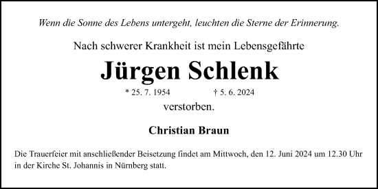 Traueranzeige von Jürgen Schlenk von Gesamtausgabe Nürnberger Nachrichten/ Nürnberger Ztg.