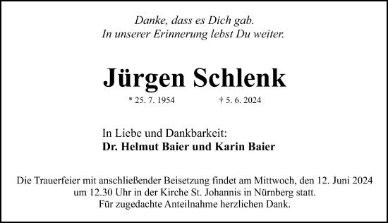 Traueranzeige von Jürgen Schlenk von Gesamtausgabe Nürnberger Nachrichten/ Nürnberger Ztg.