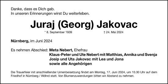 Traueranzeige von Juraj  Jakovac von Gesamtausgabe Nürnberger Nachrichten/ Nürnberger Ztg.