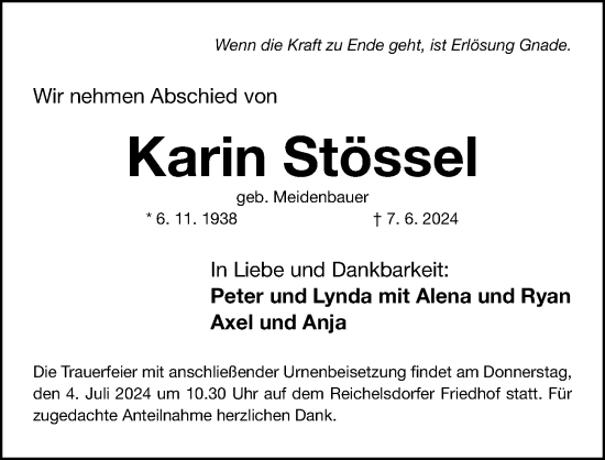 Traueranzeige von Karin Stössel von Gesamtausgabe Nürnberger Nachrichten/ Nürnberger Ztg.