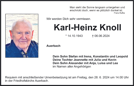 Traueranzeige von Karl-Heinz Knoll von Nordbayerische Nachrichten Pegnitz Lokal