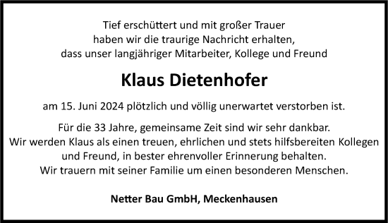 Traueranzeige von Klaus Dietenhofer von Roth-Hilpoltsteiner Volkszeitung Lokal