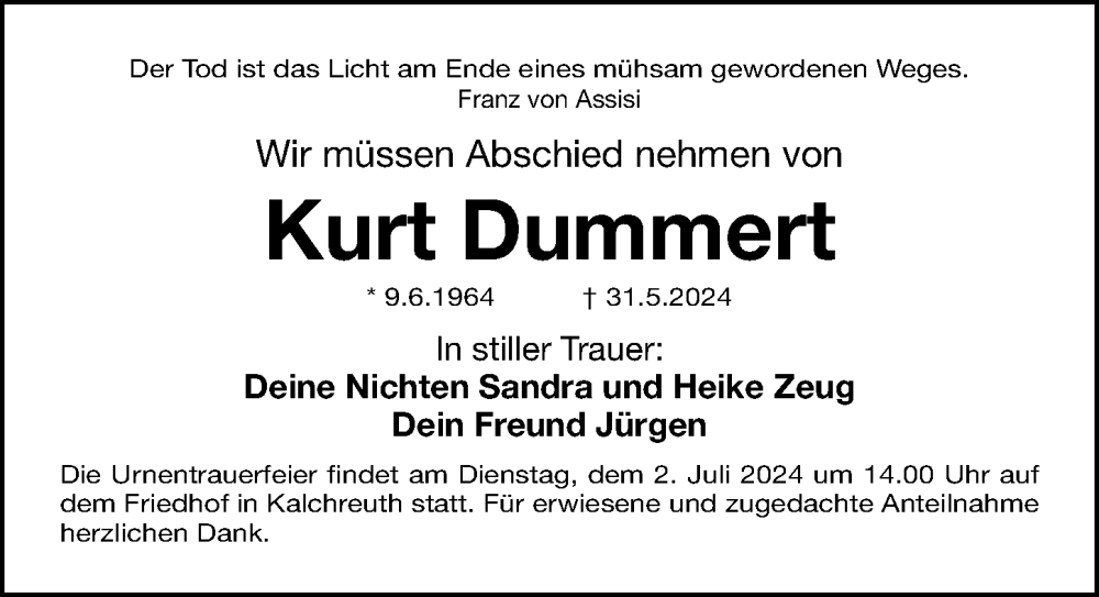  Traueranzeige für Kurt Dummert vom 29.06.2024 aus Gesamtausgabe Nürnberger Nachrichten/ Nürnberger Ztg.