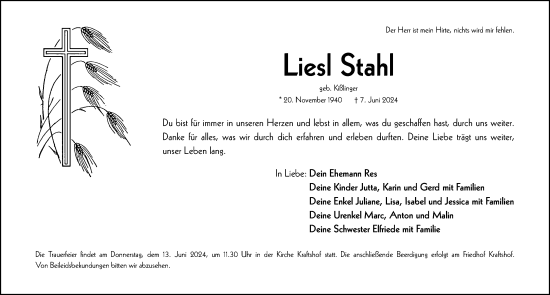 Traueranzeige von Liesl Stahl von Gesamtausgabe Nürnberger Nachrichten/ Nürnberger Ztg./ Fürther Nachrichten