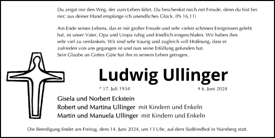 Traueranzeige von Ludwig Ullinger von Gesamtausgabe Nürnberger Nachrichten/ Nürnberger Ztg.