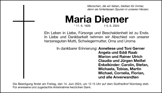 Traueranzeige von Maria Diemer von Gesamtausgabe Nürnberger Nachrichten/ Nürnberger Ztg.