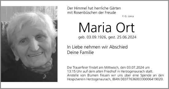 Traueranzeige von Maria Ort von Erlanger Nachrichten Lokal