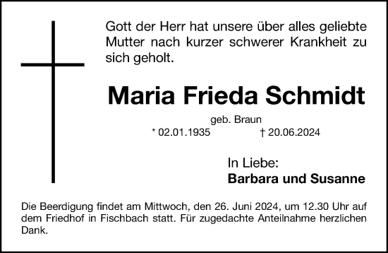 Traueranzeige von Maria Frieda Schmidt von Gesamtausgabe Nürnberger Nachrichten/ Nürnberger Ztg.