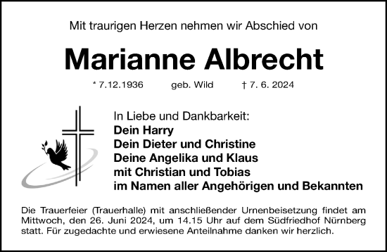 Traueranzeige von Marianne Albrecht von Gesamtausgabe Nürnberger Nachrichten/ Nürnberger Ztg.