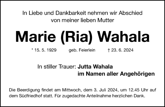 Traueranzeige von Marie Wahala von Gesamtausgabe Nürnberger Nachrichten/ Nürnberger Ztg.