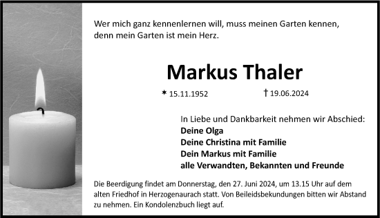 Traueranzeige von Markus Thaler von Nordbayerische Nachrichten Herzogenaurach Lokal