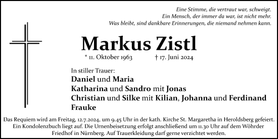 Traueranzeige von Markus Zistl von Gesamtausgabe Nürnberger Nachrichten/ Nürnberger Ztg.