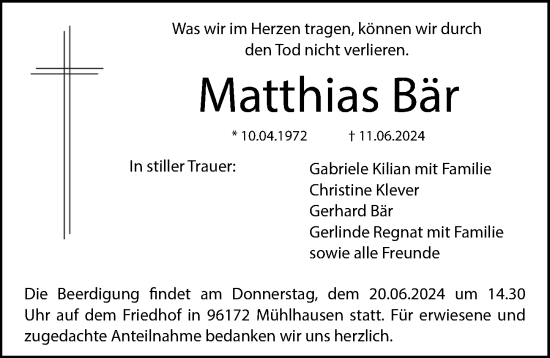 Traueranzeige von Matthias Bär von Gesamtausgabe Nürnberger Nachrichten/ Nürnberger Ztg.