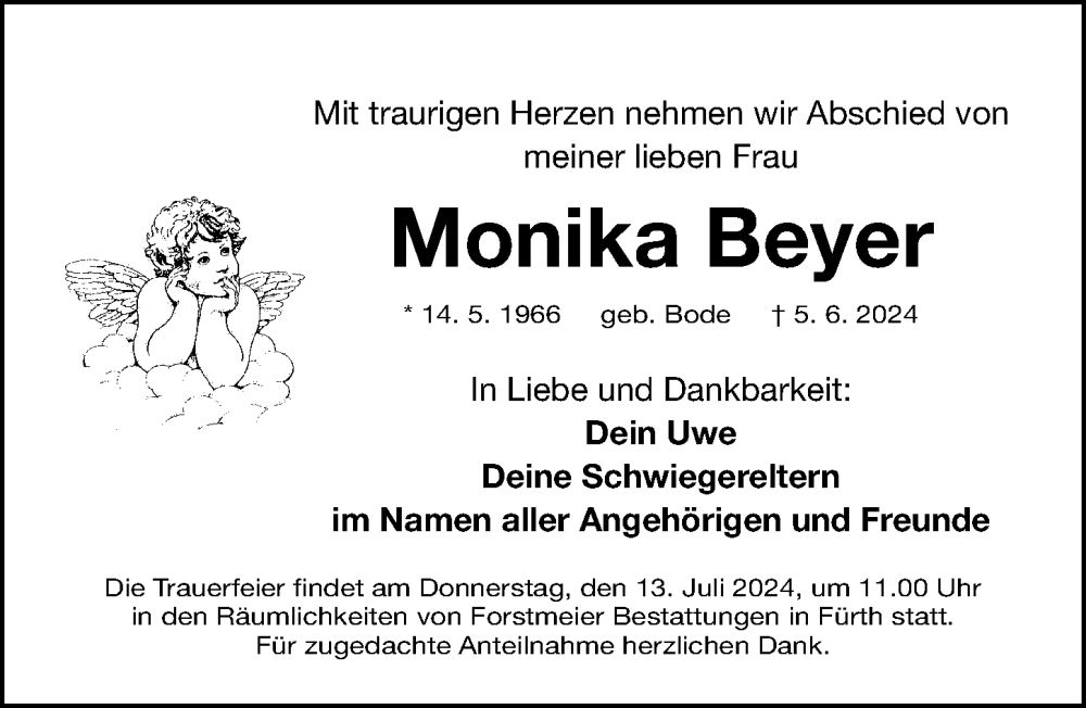  Traueranzeige für Monika Beyer vom 12.06.2024 aus Gesamtausgabe Nürnberger Nachrichten/ Nürnberger Ztg.