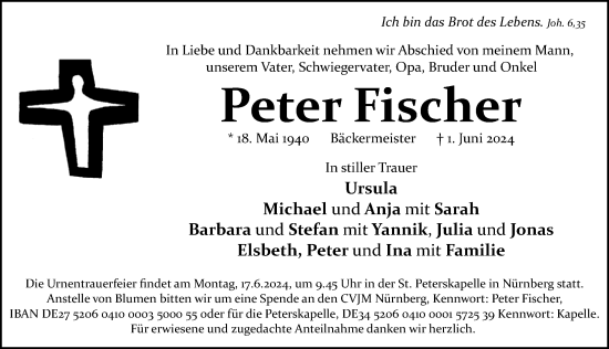 Traueranzeige von Peter Fischer von Gesamtausgabe Nürnberger Nachrichten/ Nürnberger Ztg.