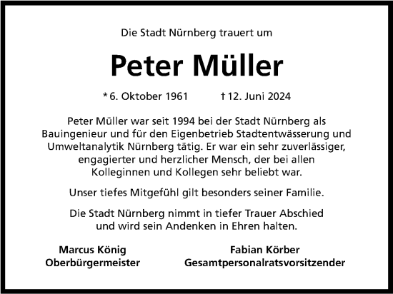 Traueranzeige von Peter Müller von Gesamtausgabe Nürnberger Nachrichten/ Nürnberger Ztg.