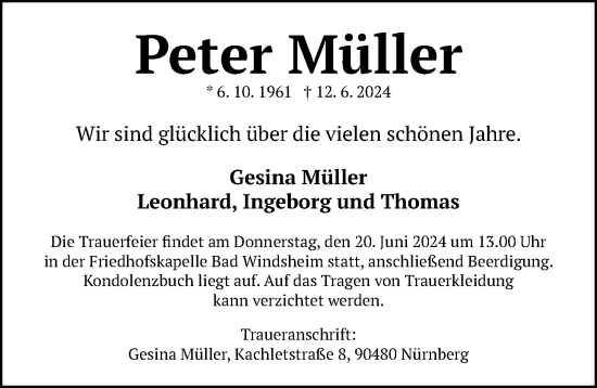 Traueranzeige von Peter Müller von Gesamtausgabe Nürnberger Nachrichten/ Nürnberger Ztg.