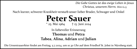 Traueranzeige von Peter Sauer von Gesamtausgabe Nürnberger Nachrichten/ Nürnberger Ztg.