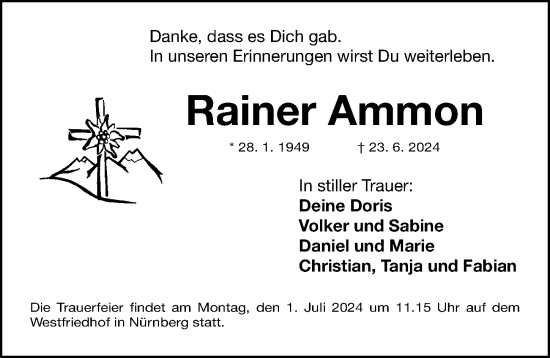 Traueranzeige von Rainer Ammon von Gesamtausgabe Nürnberger Nachrichten/ Nürnberger Ztg.