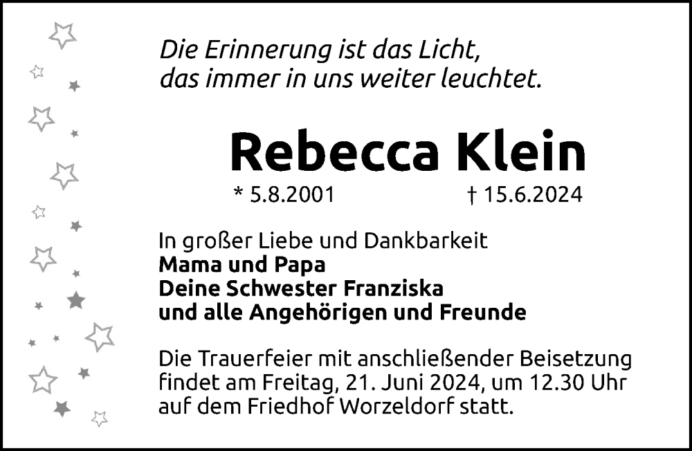  Traueranzeige für Rebecca Klein vom 19.06.2024 aus Gesamtausgabe Nürnberger Nachrichten/ Nürnberger Ztg.