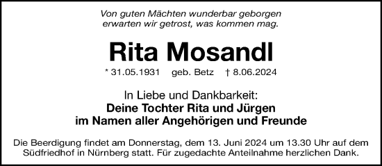 Traueranzeige von Rita Mosandl von Gesamtausgabe Nürnberger Nachrichten/ Nürnberger Ztg.