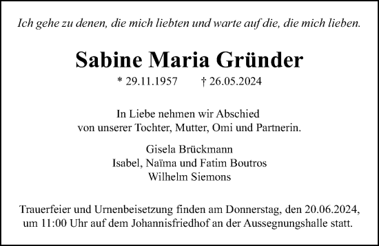 Traueranzeige von Sabine Maria Gründer von Gesamtausgabe Nürnberger Nachrichten/ Nürnberger Ztg.