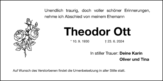 Traueranzeige von Theodor Ott von Gesamtausgabe Nürnberger Nachrichten/ Nürnberger Ztg.