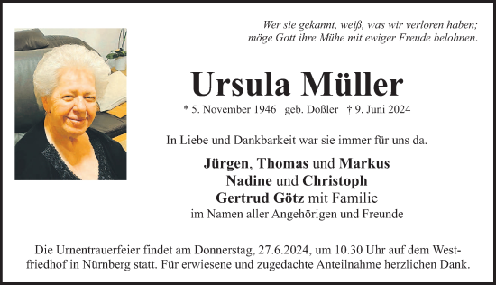 Traueranzeige von Ursula Müller von Gesamtausgabe Nürnberger Nachrichten/ Nürnberger Ztg.