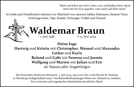 Traueranzeige von Waldemar Braun von Gesamtausgabe Nürnberger Nachrichten/ Nürnberger Ztg.