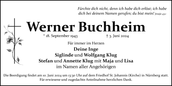 Traueranzeige von Werner Buchheim von Gesamtausgabe Nürnberger Nachrichten/ Nürnberger Ztg.