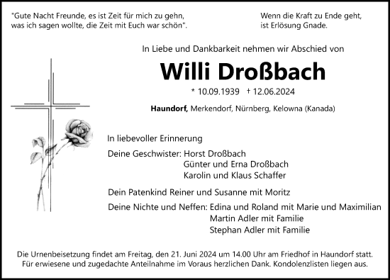 Traueranzeige von Willi Droßbach von Altmühl-Bote Lokal
