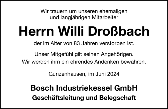 Traueranzeige von Willi Droßbach von Altmühl-Bote Lokal