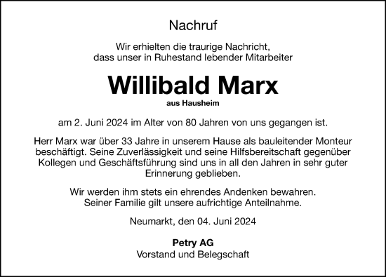Traueranzeige von Willibald Marx von Neumarkter Nachrichten Lokal