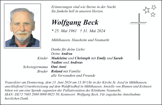 Traueranzeige von Wolfgang Beck von Neumarkter Nachrichten Lokal