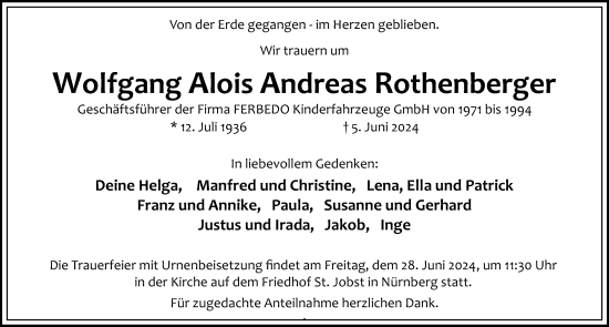 Traueranzeige von Wolfgang Alois Andreas Rothenberger von Gesamtausgabe Nürnberger Nachrichten/ Nürnberger Ztg.