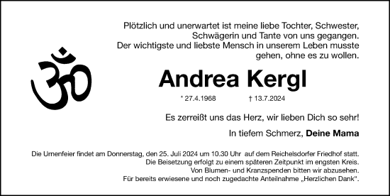 Traueranzeige von Andrea Kergl von Gesamtausgabe Nürnberger Nachrichten/ Nürnberger Ztg.